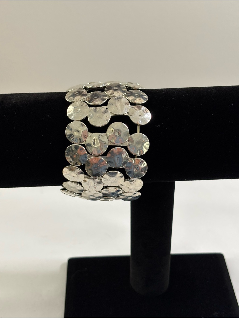 Vintage Silver tone Disc Link Stretch Bracelet 2” wide